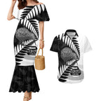 New Zealand Silver Fern Curling Personalised Couples Matching Mermaid Dress and Hawaiian Shirt Aotearoa Kiwi Ponga Black White Version - Aussie Hoodie