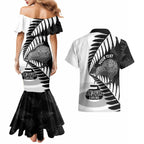 New Zealand Silver Fern Curling Personalised Couples Matching Mermaid Dress and Hawaiian Shirt Aotearoa Kiwi Ponga Black White Version - Aussie Hoodie