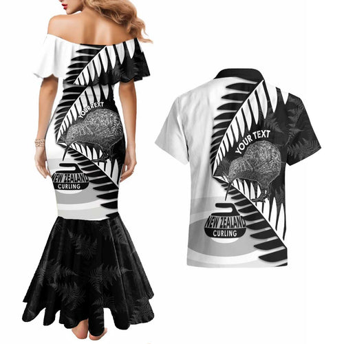 New Zealand Silver Fern Curling Personalised Couples Matching Mermaid Dress and Hawaiian Shirt Aotearoa Kiwi Ponga Black White Version - Aussie Hoodie