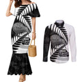 New Zealand Silver Fern Curling Personalised Couples Matching Mermaid Dress and Long Sleeve Button Shirt Aotearoa Kiwi Ponga Black White Version - Aussie Hoodie
