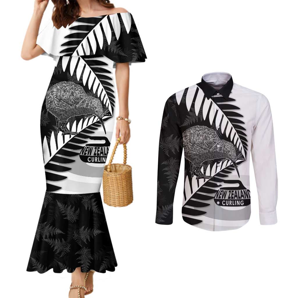New Zealand Silver Fern Curling Personalised Couples Matching Mermaid Dress and Long Sleeve Button Shirt Aotearoa Kiwi Ponga Black White Version - Aussie Hoodie