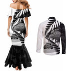 New Zealand Silver Fern Curling Personalised Couples Matching Mermaid Dress and Long Sleeve Button Shirt Aotearoa Kiwi Ponga Black White Version - Aussie Hoodie