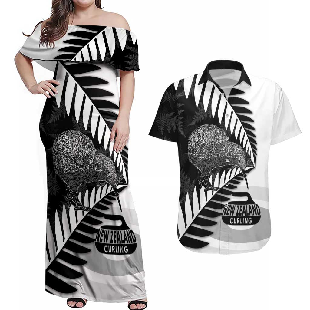 New Zealand Silver Fern Curling Personalised Couples Matching Off Shoulder Maxi Dress and Hawaiian Shirt Aotearoa Kiwi Ponga Black White Version - Aussie Hoodie