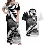 New Zealand Silver Fern Curling Personalised Couples Matching Off Shoulder Maxi Dress and Hawaiian Shirt Aotearoa Kiwi Ponga Black White Version - Aussie Hoodie