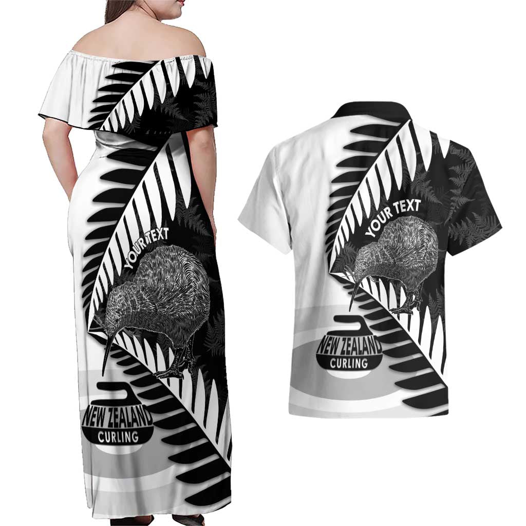 New Zealand Silver Fern Curling Personalised Couples Matching Off Shoulder Maxi Dress and Hawaiian Shirt Aotearoa Kiwi Ponga Black White Version - Aussie Hoodie