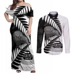 New Zealand Silver Fern Curling Personalised Couples Matching Off Shoulder Maxi Dress and Long Sleeve Button Shirt Aotearoa Kiwi Ponga Black White Version - Aussie Hoodie