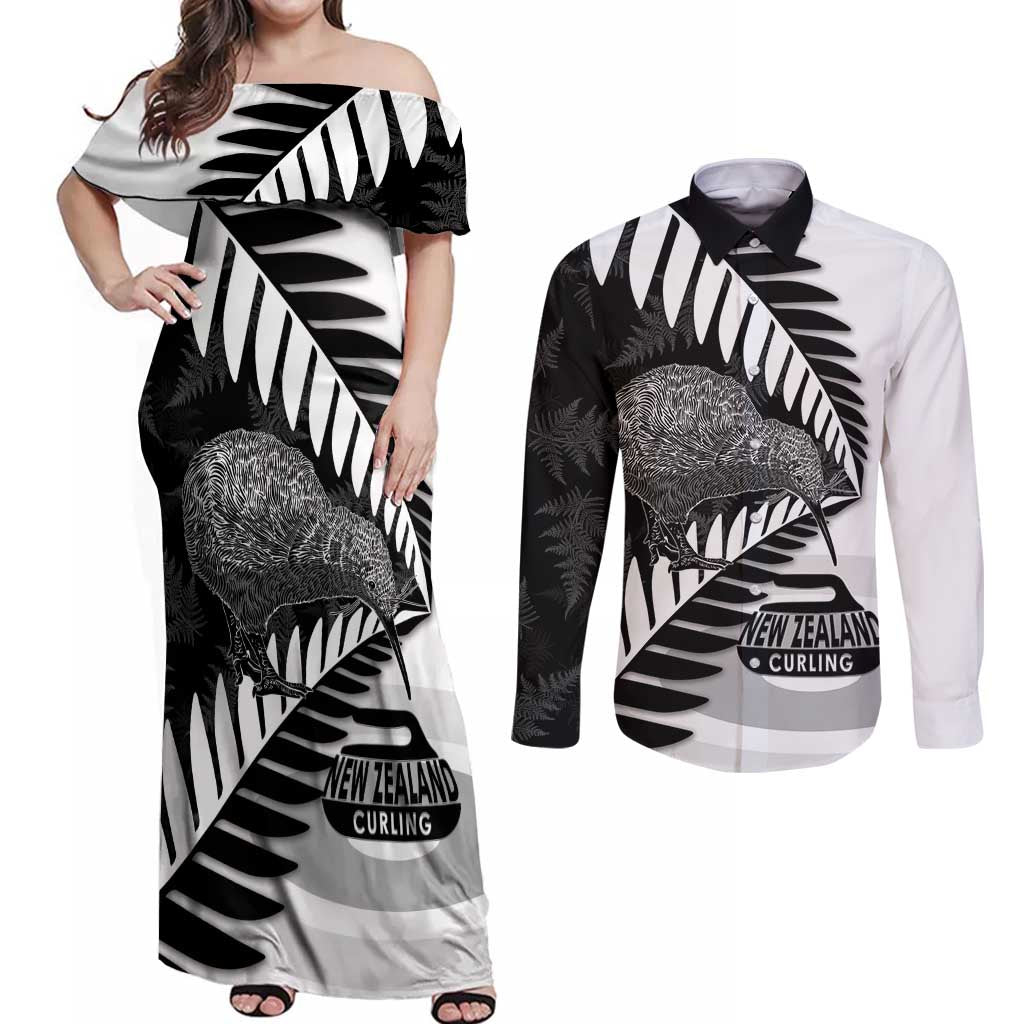 New Zealand Silver Fern Curling Personalised Couples Matching Off Shoulder Maxi Dress and Long Sleeve Button Shirt Aotearoa Kiwi Ponga Black White Version - Aussie Hoodie