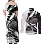New Zealand Silver Fern Curling Personalised Couples Matching Off Shoulder Maxi Dress and Long Sleeve Button Shirt Aotearoa Kiwi Ponga Black White Version - Aussie Hoodie