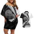 New Zealand Silver Fern Curling Personalised Couples Matching Off Shoulder Short Dress and Hawaiian Shirt Aotearoa Kiwi Ponga Black White Version - Aussie Hoodie