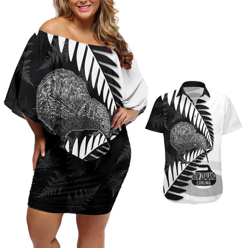 New Zealand Silver Fern Curling Personalised Couples Matching Off Shoulder Short Dress and Hawaiian Shirt Aotearoa Kiwi Ponga Black White Version - Aussie Hoodie