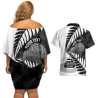 New Zealand Silver Fern Curling Personalised Couples Matching Off Shoulder Short Dress and Hawaiian Shirt Aotearoa Kiwi Ponga Black White Version - Aussie Hoodie