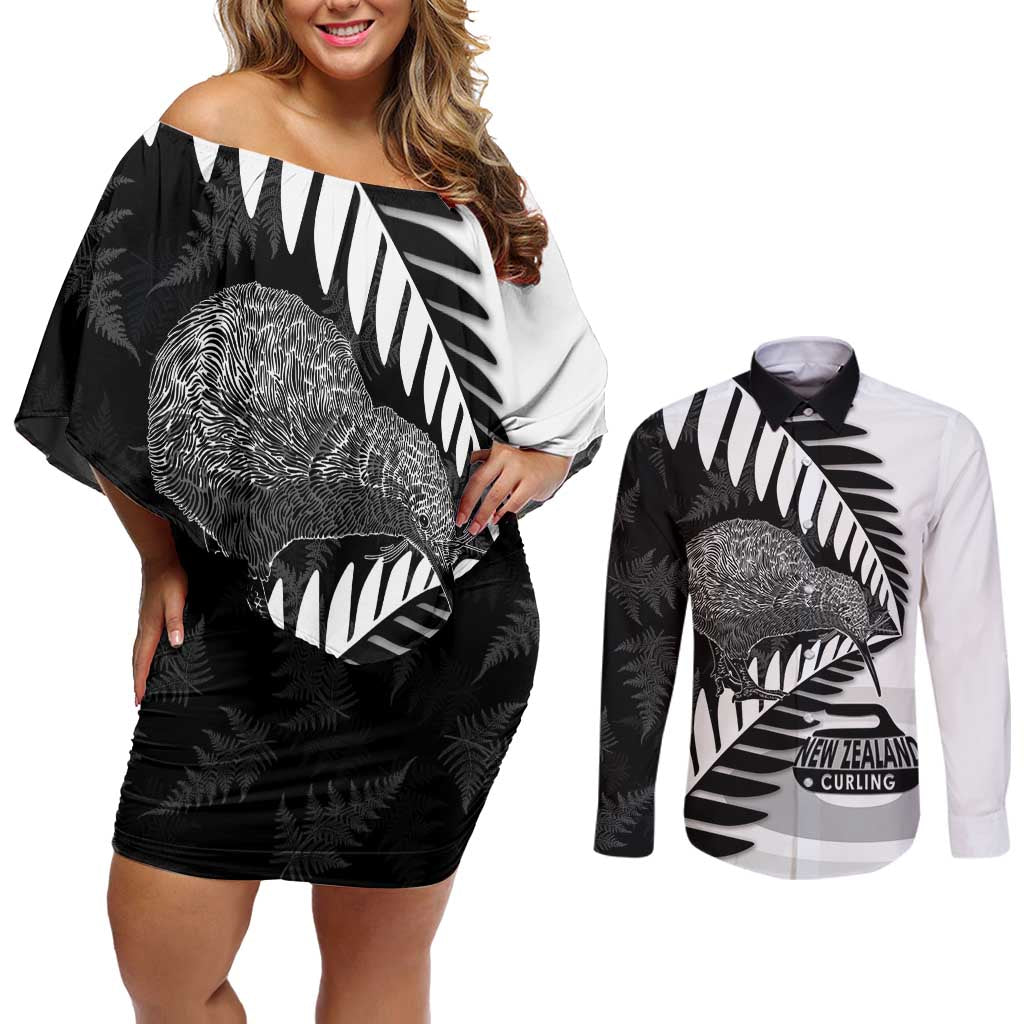 New Zealand Silver Fern Curling Personalised Couples Matching Off Shoulder Short Dress and Long Sleeve Button Shirt Aotearoa Kiwi Ponga Black White Version - Aussie Hoodie