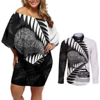 New Zealand Silver Fern Curling Personalised Couples Matching Off Shoulder Short Dress and Long Sleeve Button Shirt Aotearoa Kiwi Ponga Black White Version - Aussie Hoodie