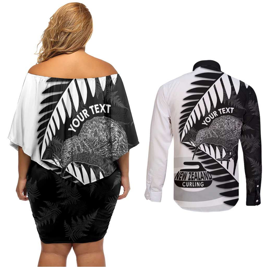 New Zealand Silver Fern Curling Personalised Couples Matching Off Shoulder Short Dress and Long Sleeve Button Shirt Aotearoa Kiwi Ponga Black White Version - Aussie Hoodie