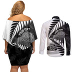 New Zealand Silver Fern Curling Personalised Couples Matching Off Shoulder Short Dress and Long Sleeve Button Shirt Aotearoa Kiwi Ponga Black White Version - Aussie Hoodie