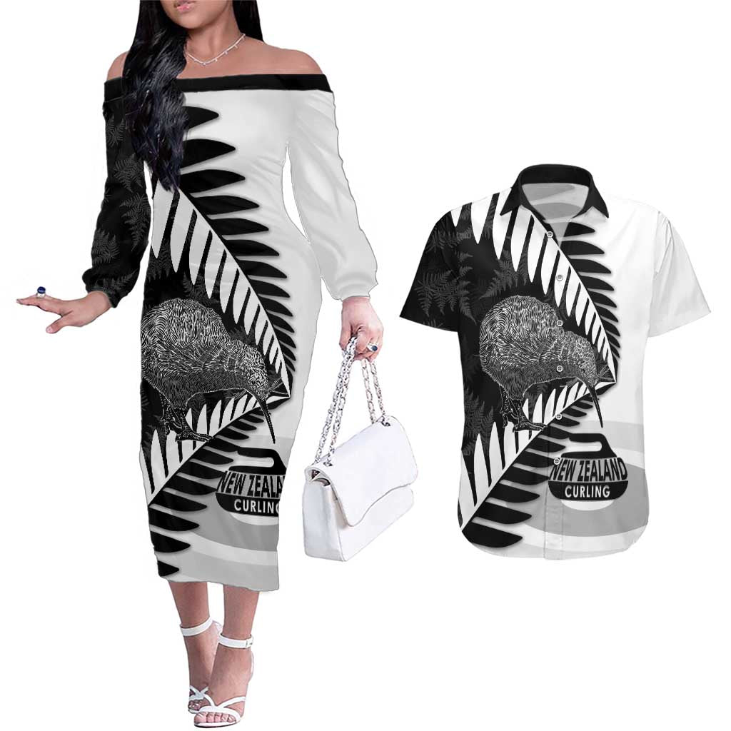 New Zealand Silver Fern Curling Personalised Couples Matching Off The Shoulder Long Sleeve Dress and Hawaiian Shirt Aotearoa Kiwi Ponga Black White Version - Aussie Hoodie