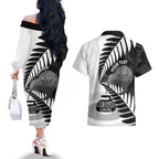 New Zealand Silver Fern Curling Personalised Couples Matching Off The Shoulder Long Sleeve Dress and Hawaiian Shirt Aotearoa Kiwi Ponga Black White Version - Aussie Hoodie