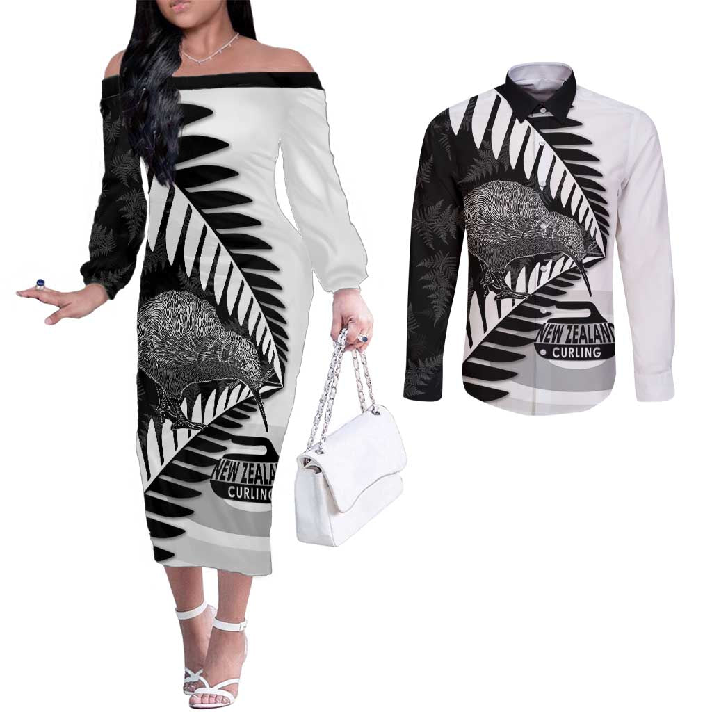 New Zealand Silver Fern Curling Personalised Couples Matching Off The Shoulder Long Sleeve Dress and Long Sleeve Button Shirt Aotearoa Kiwi Ponga Black White Version - Aussie Hoodie