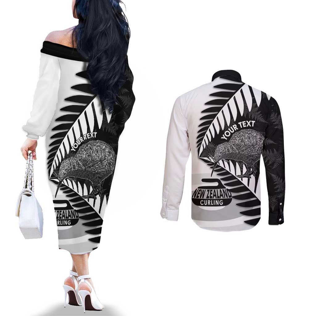 New Zealand Silver Fern Curling Personalised Couples Matching Off The Shoulder Long Sleeve Dress and Long Sleeve Button Shirt Aotearoa Kiwi Ponga Black White Version - Aussie Hoodie