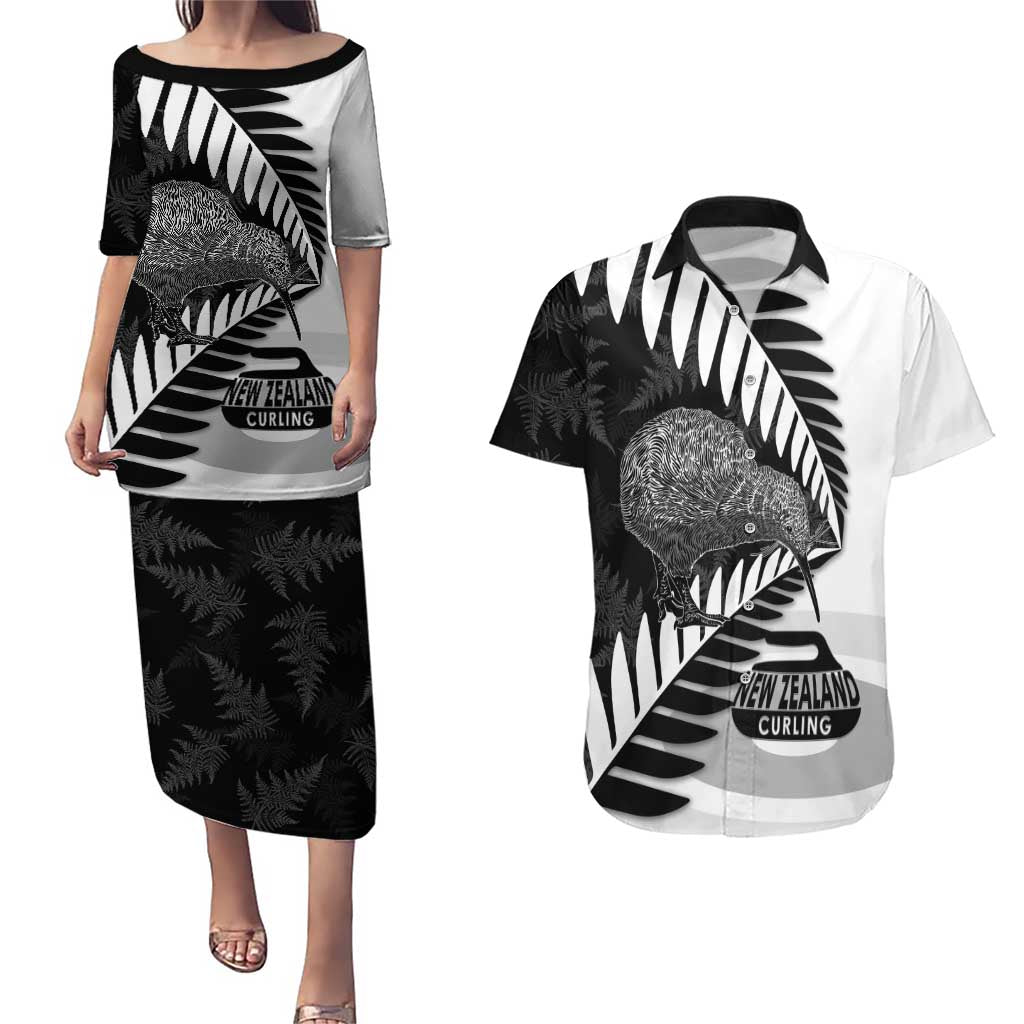 New Zealand Silver Fern Curling Personalised Couples Matching Puletasi and Hawaiian Shirt Aotearoa Kiwi Ponga Black White Version - Aussie Hoodie