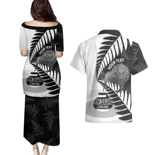 New Zealand Silver Fern Curling Personalised Couples Matching Puletasi and Hawaiian Shirt Aotearoa Kiwi Ponga Black White Version - Aussie Hoodie