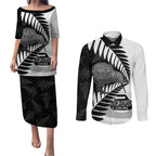 New Zealand Silver Fern Curling Personalised Couples Matching Puletasi and Long Sleeve Button Shirt Aotearoa Kiwi Ponga Black White Version - Aussie Hoodie