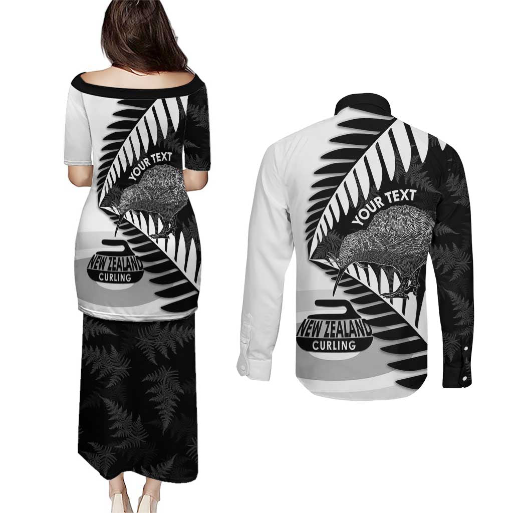 New Zealand Silver Fern Curling Personalised Couples Matching Puletasi and Long Sleeve Button Shirt Aotearoa Kiwi Ponga Black White Version - Aussie Hoodie