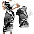New Zealand Silver Fern Curling Personalised Couples Matching Short Sleeve Bodycon Dress and Hawaiian Shirt Aotearoa Kiwi Ponga Black White Version - Aussie Hoodie