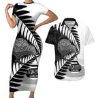 New Zealand Silver Fern Curling Personalised Couples Matching Short Sleeve Bodycon Dress and Hawaiian Shirt Aotearoa Kiwi Ponga Black White Version - Aussie Hoodie