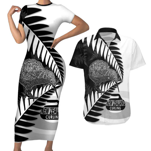 New Zealand Silver Fern Curling Personalised Couples Matching Short Sleeve Bodycon Dress and Hawaiian Shirt Aotearoa Kiwi Ponga Black White Version - Aussie Hoodie
