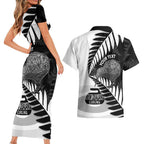 New Zealand Silver Fern Curling Personalised Couples Matching Short Sleeve Bodycon Dress and Hawaiian Shirt Aotearoa Kiwi Ponga Black White Version - Aussie Hoodie