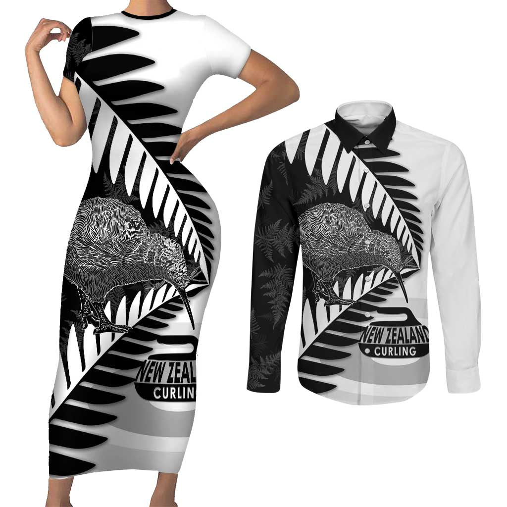 New Zealand Silver Fern Curling Personalised Couples Matching Short Sleeve Bodycon Dress and Long Sleeve Button Shirt Aotearoa Kiwi Ponga Black White Version - Aussie Hoodie