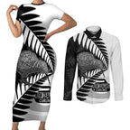 New Zealand Silver Fern Curling Personalised Couples Matching Short Sleeve Bodycon Dress and Long Sleeve Button Shirt Aotearoa Kiwi Ponga Black White Version - Aussie Hoodie