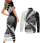 New Zealand Silver Fern Curling Personalised Couples Matching Short Sleeve Bodycon Dress and Long Sleeve Button Shirt Aotearoa Kiwi Ponga Black White Version - Aussie Hoodie