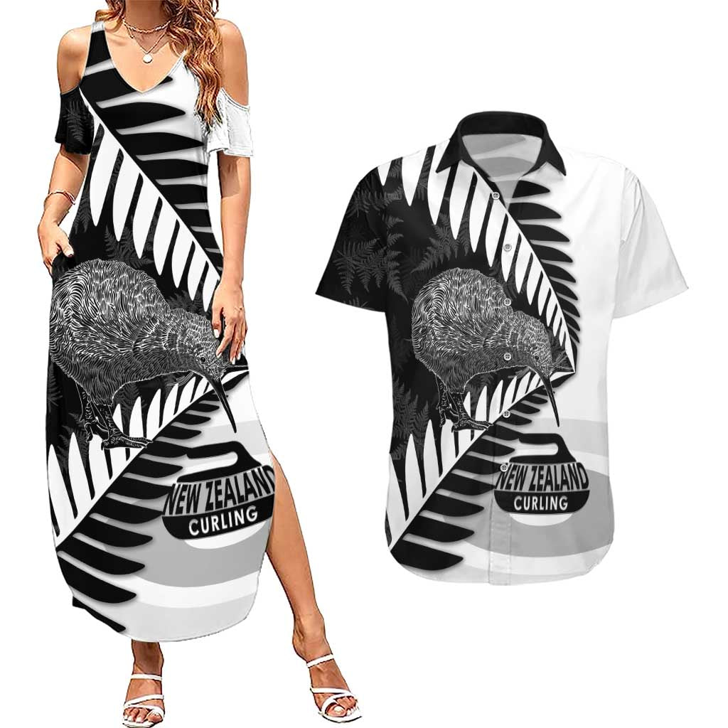New Zealand Silver Fern Curling Personalised Couples Matching Summer Maxi Dress and Hawaiian Shirt Aotearoa Kiwi Ponga Black White Version - Aussie Hoodie