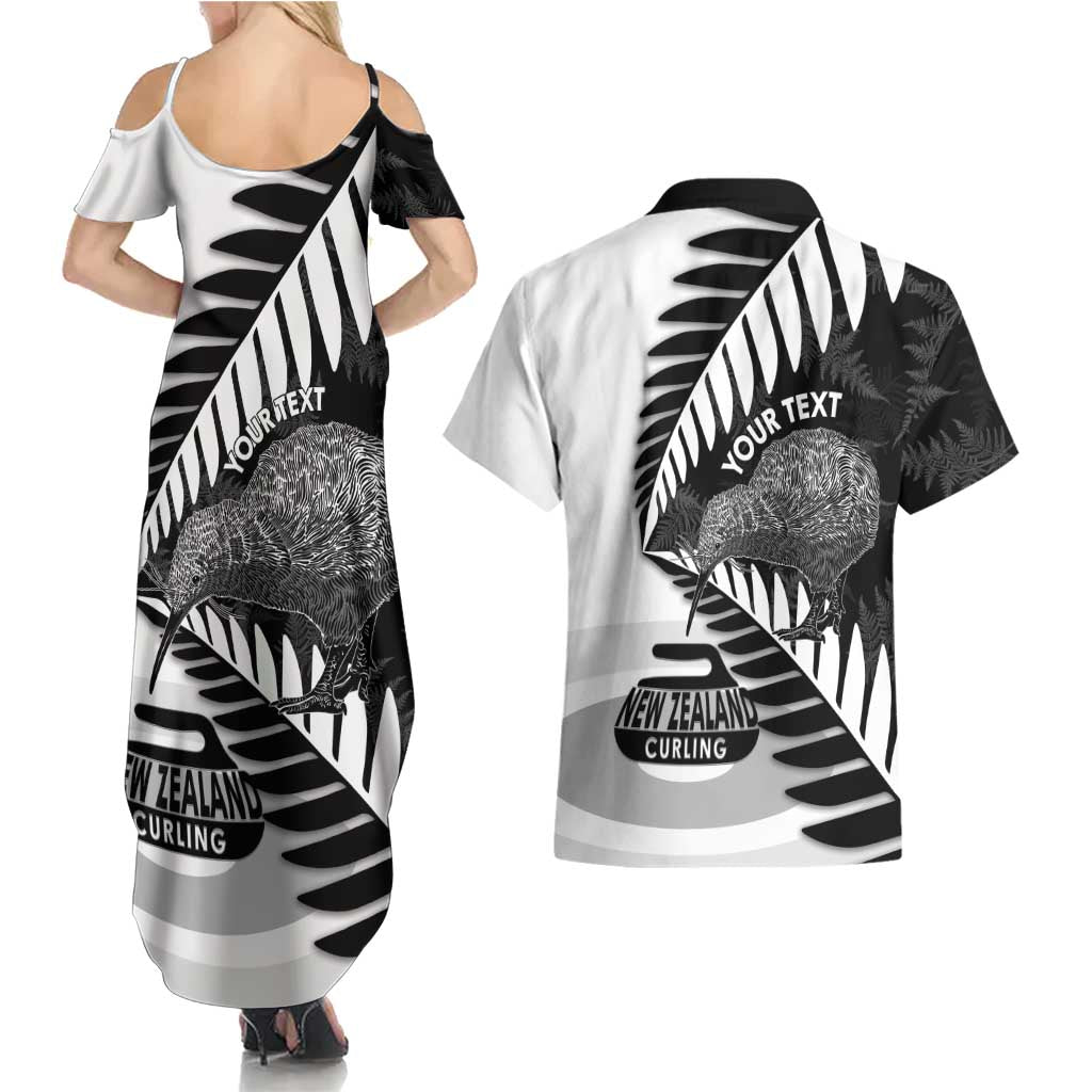 New Zealand Silver Fern Curling Personalised Couples Matching Summer Maxi Dress and Hawaiian Shirt Aotearoa Kiwi Ponga Black White Version - Aussie Hoodie