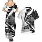 New Zealand Silver Fern Curling Personalised Couples Matching Summer Maxi Dress and Hawaiian Shirt Aotearoa Kiwi Ponga Black White Version - Aussie Hoodie