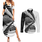 New Zealand Silver Fern Curling Personalised Couples Matching Summer Maxi Dress and Long Sleeve Button Shirt Aotearoa Kiwi Ponga Black White Version - Aussie Hoodie