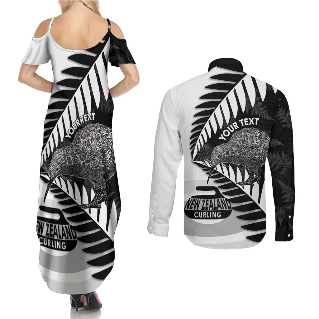 New Zealand Silver Fern Curling Personalised Couples Matching Summer Maxi Dress and Long Sleeve Button Shirt Aotearoa Kiwi Ponga Black White Version - Aussie Hoodie