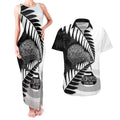 New Zealand Silver Fern Curling Personalised Couples Matching Tank Maxi Dress and Hawaiian Shirt Aotearoa Kiwi Ponga Black White Version - Aussie Hoodie