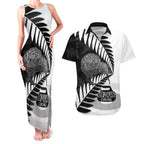 New Zealand Silver Fern Curling Personalised Couples Matching Tank Maxi Dress and Hawaiian Shirt Aotearoa Kiwi Ponga Black White Version - Aussie Hoodie