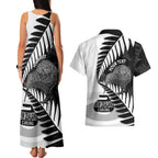 New Zealand Silver Fern Curling Personalised Couples Matching Tank Maxi Dress and Hawaiian Shirt Aotearoa Kiwi Ponga Black White Version - Aussie Hoodie
