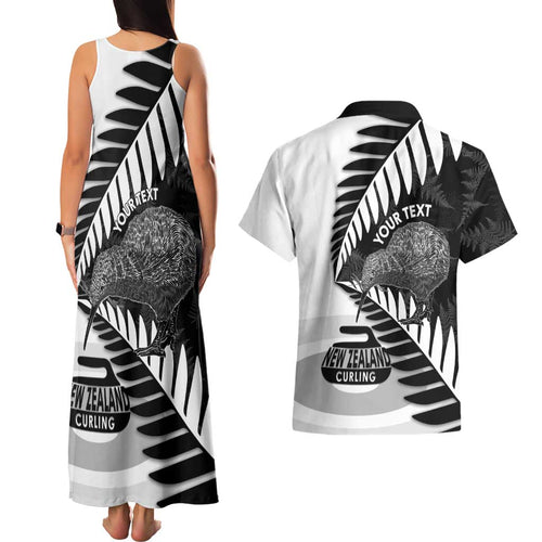 New Zealand Silver Fern Curling Personalised Couples Matching Tank Maxi Dress and Hawaiian Shirt Aotearoa Kiwi Ponga Black White Version - Aussie Hoodie