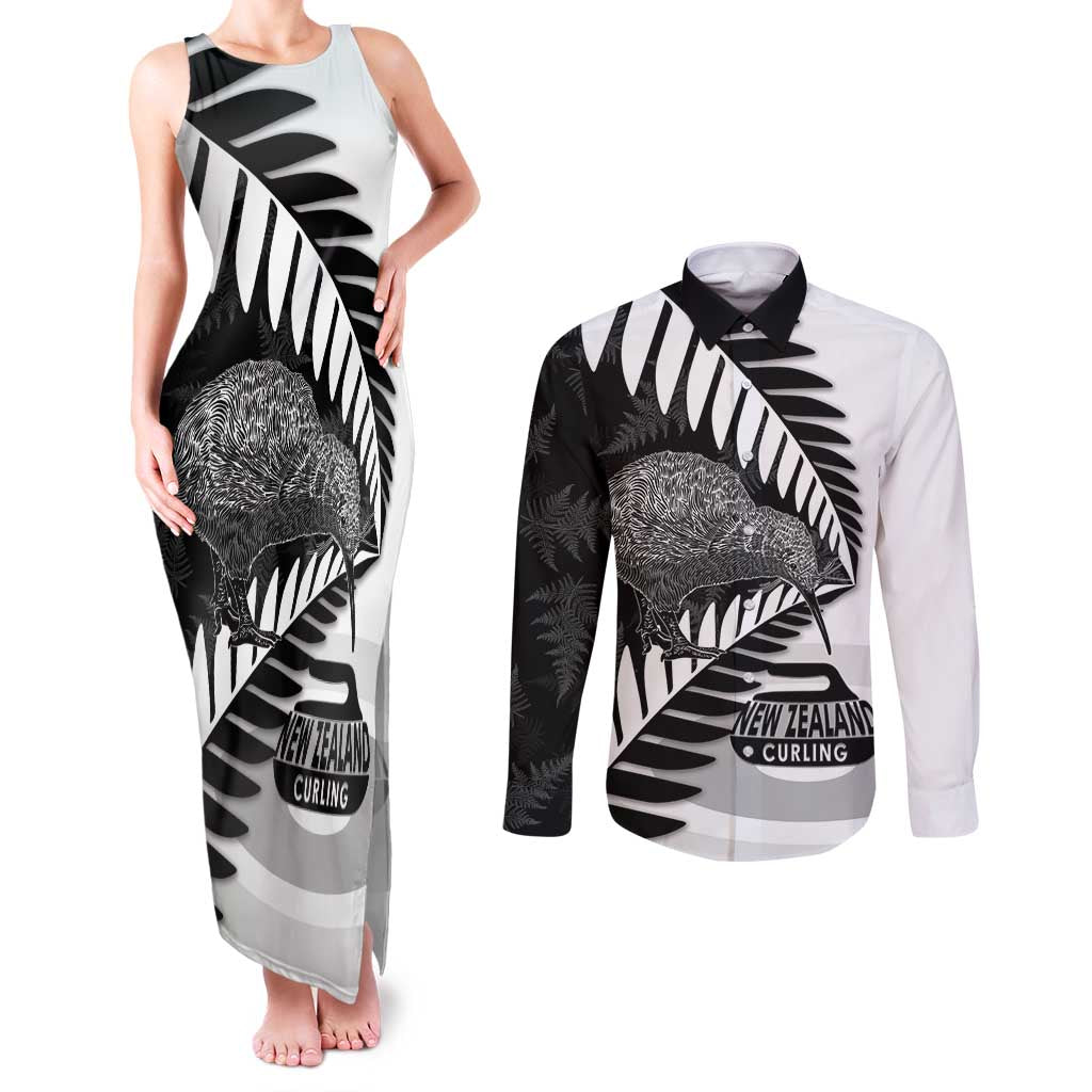 New Zealand Silver Fern Curling Personalised Couples Matching Tank Maxi Dress and Long Sleeve Button Shirt Aotearoa Kiwi Ponga Black White Version - Aussie Hoodie