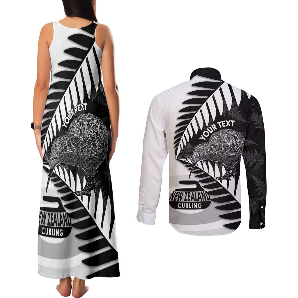New Zealand Silver Fern Curling Personalised Couples Matching Tank Maxi Dress and Long Sleeve Button Shirt Aotearoa Kiwi Ponga Black White Version - Aussie Hoodie