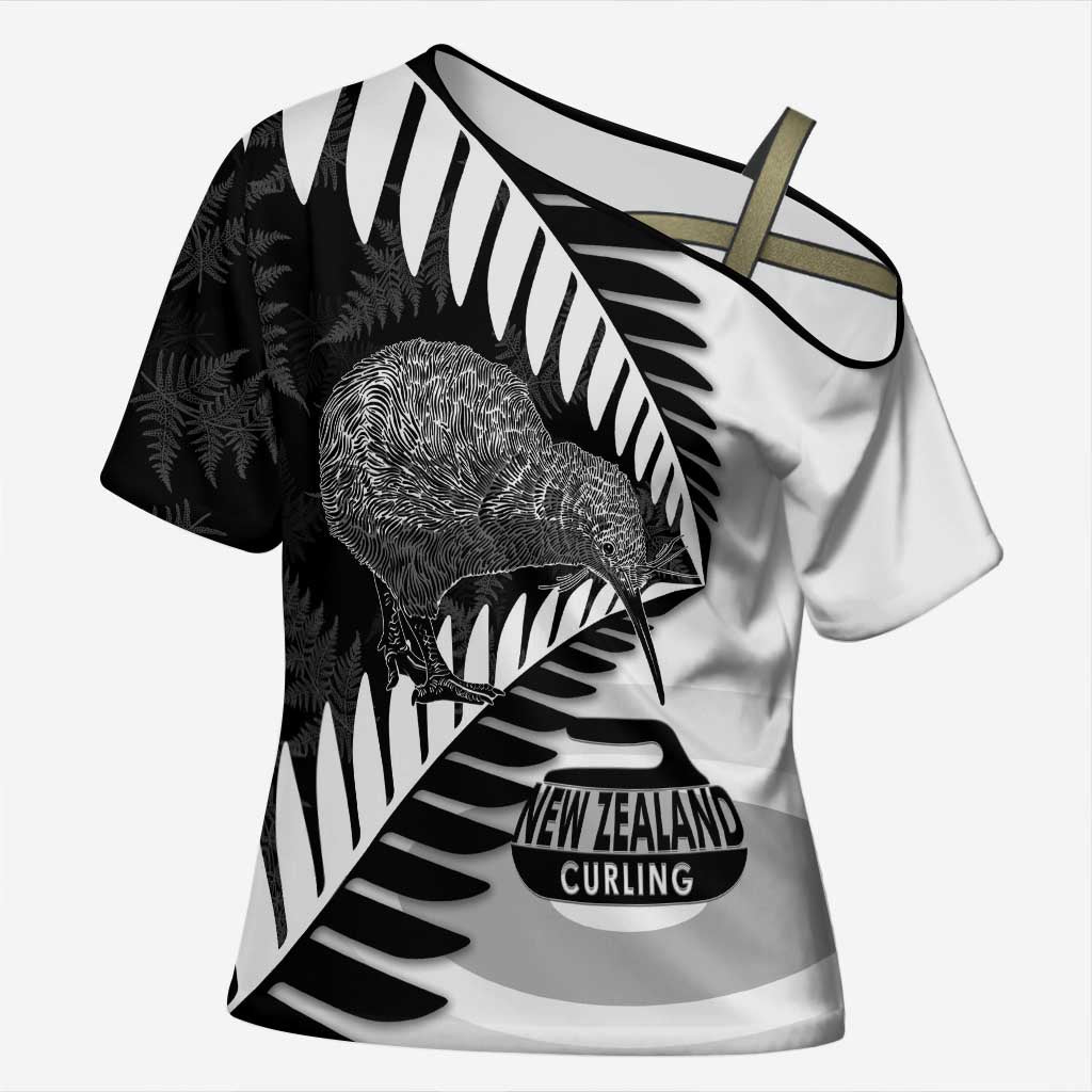 New Zealand Silver Fern Curling Personalised Cross Shoulder Shirt Aotearoa Kiwi Ponga Black White Version - Aussie Hoodie