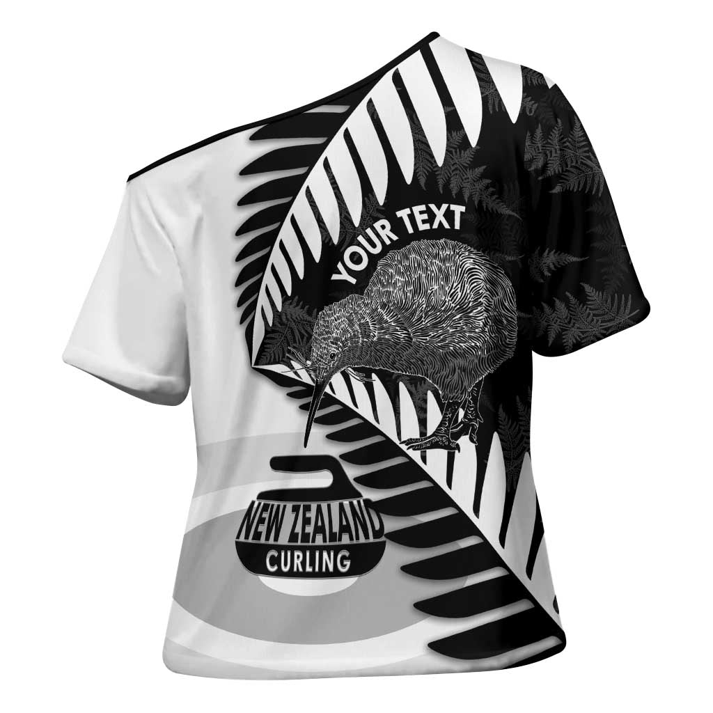 New Zealand Silver Fern Curling Personalised Cross Shoulder Shirt Aotearoa Kiwi Ponga Black White Version - Aussie Hoodie