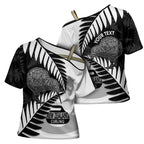 New Zealand Silver Fern Curling Personalised Cross Shoulder Shirt Aotearoa Kiwi Ponga Black White Version - Aussie Hoodie