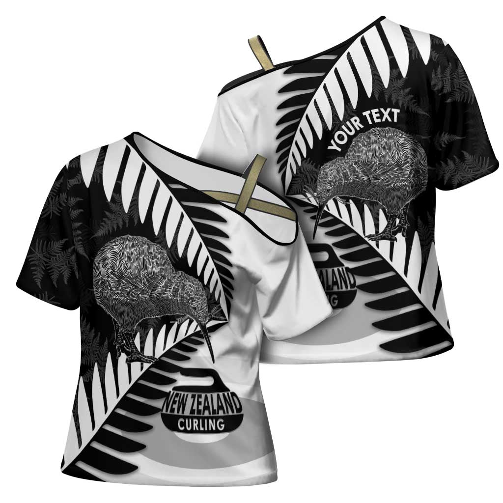 New Zealand Silver Fern Curling Personalised Cross Shoulder Shirt Aotearoa Kiwi Ponga Black White Version - Aussie Hoodie