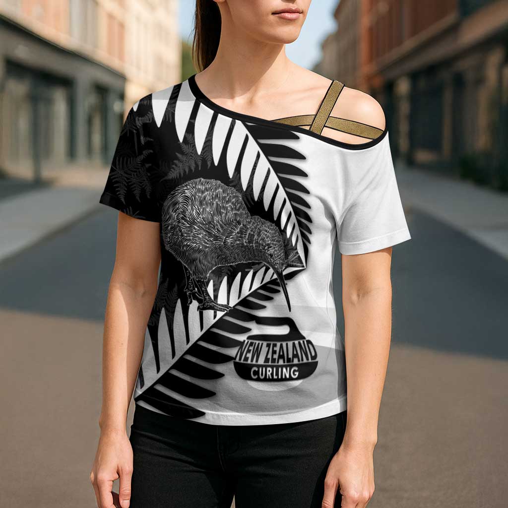 New Zealand Silver Fern Curling Personalised Cross Shoulder Shirt Aotearoa Kiwi Ponga Black White Version - Aussie Hoodie